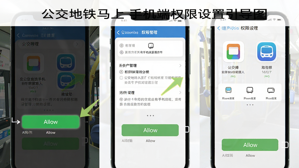 公交地铁马上通手机端权限设置引导图,画面主体是手机屏幕显示权限管理界面与软件图标,布局为分步截图拼接,风格为清晰教程风格,细节包含高亮的允许按钮和箭头指引,画质干净无多余元素