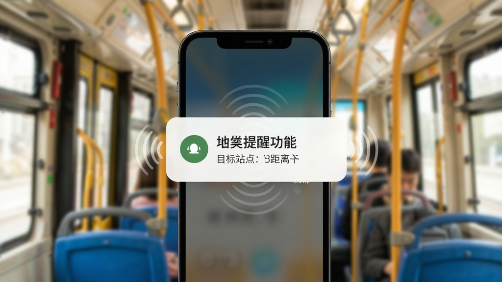 公交地铁马上通到站提醒功能示意图,画面主体是手机屏幕弹出提醒弹窗并伴有震动波纹图标,背景是模糊的公交车厢内部,布局为居中弹窗形式,风格为温馨实用风格,细节包含清晰的目标站点名称和距离提示,画质干净无多余元素