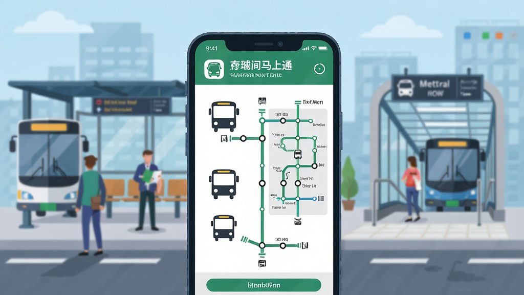 一张展示现代城市公共交通出行的插画,画面主体是手机屏幕显示着公交地铁马上通的实时线路界面,背景是繁忙的公交站台和地铁入口,布局采用居中构图,风格为扁平化科技感,细节包含清晰的公交车辆图标和地铁线路图,画质清晰干净无多余元素