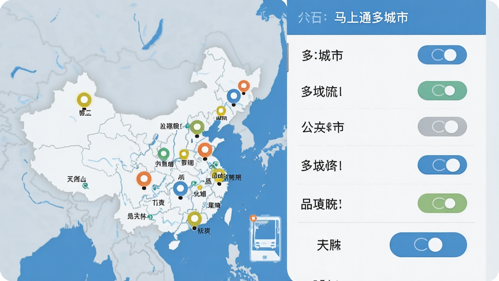 公交地铁马上通多城市切换界面图,画面主体是手机屏幕显示着中国地图上多个城市被点亮的图标,布局为地图与城市列表结合,风格为扁平化信息图风格,细节包含清晰的城市名称标签和切换按钮,画质清晰干净无多余元素
