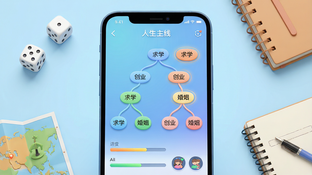 一款名为“人生主线”的手机应用界面展示,画面中手机屏幕显示分支剧情树状图,节点上有“求学”“创业”“婚姻”等文字标签,背景为淡蓝色渐变,手机周围散落骰子、地图和笔记本,风格为3D渲染,构图居中,细节包含进度条和属性图标,画质高清干净,无多余元素