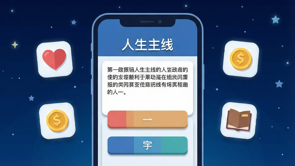 一幅文字冒险游戏场景图,画面中央是手机屏幕,屏幕内显示“人生主线”四个字和一段剧情文字,文字下方有三个选项按钮,手机两侧漂浮着属性图标如心形、金币、书本,背景为深蓝色星空,风格为扁平化设计,构图简洁,细节包含细腻的阴影和光晕,画质清晰干净,无多余元素