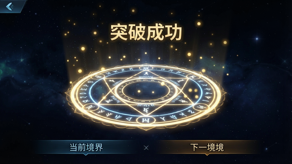 一张展示境界突破界面的游戏截图,画面中央是一个发光的圆形法阵,法阵上方显示“突破成功”字样,周围有金色光点飘散,背景是深邃的星空,法阵下方排列着当前境界与下一境界的名称,整体风格玄幻肃穆,画面干净,文字清晰,画质高清