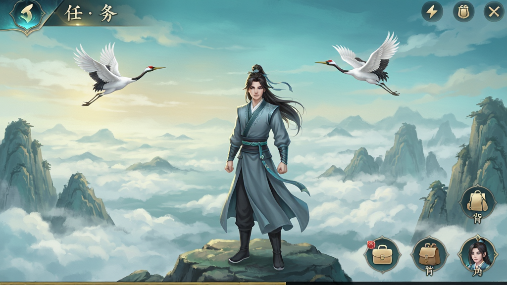 一张国风玄幻风格的游戏主界面截图,画面中央是一位身穿青灰色长袍的年轻修行者站在山巅,远处云海翻涌,天边有仙鹤飞过,界面四周分布着任务、背包、角色等操作图标,整体色调以青蓝和淡金为主,画面干净整洁,文字清晰可见,画质细腻,无多余元素