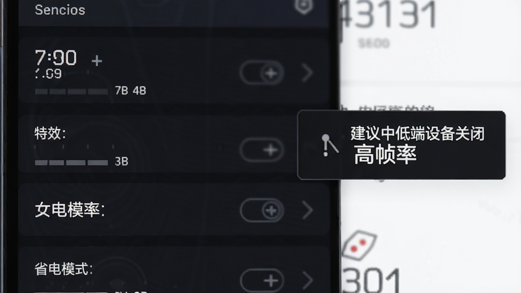一张手机屏幕显示游戏设置界面的截图,画面中有帧率、特效、省电模式等选项,旁边有一个提示框写着“建议中低端设备关闭高帧率”,界面简洁,文字清晰,背景为深色,整体干净无多余元素