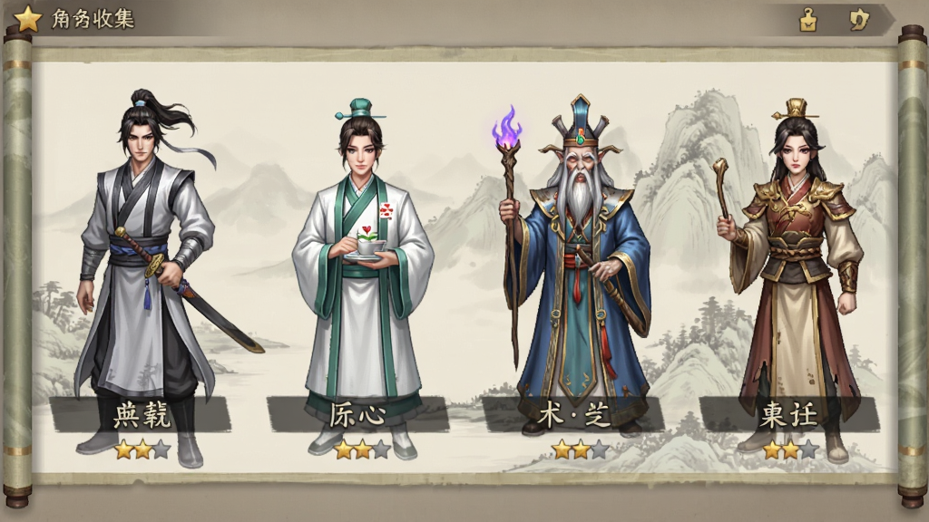 一张角色收集界面的游戏截图,画面中排列着六位不同风格的国风角色立绘,有剑客、医师、术士等,每位角色下方显示名字和星级,背景是淡雅的山水画卷轴,界面布局整齐,文字清晰,整体色调柔和,画质细腻