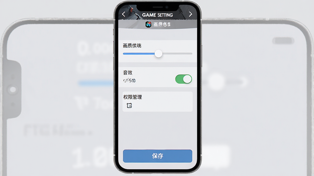 手机屏幕展示游戏设置界面,包含画质调节滑块、音效开关、权限管理选项,界面风格简洁现代,背景为浅灰色,顶部有游戏标题栏,底部有保存按钮,整体采用UI界面设计风格,高画质,干净,无多余元素