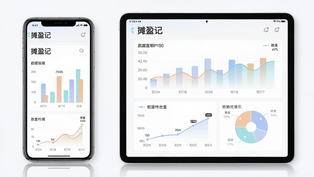 主体是一部手机和平板电脑并排展示,屏幕上显示“摊盈记”软件的数据报表页面,有柱状图、折线图和饼图。布局采用左右对比构图,排版上手机在左、平板在右。风格为现代商务数据可视化风格,细节上图表颜色柔和,数据标注清晰。画质高清,画面干净,无多余元素。