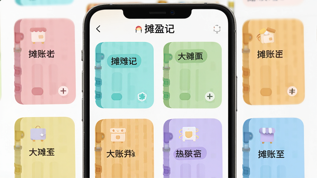 主体是手机屏幕展示“摊盈记”多账本管理界面,画面中有多个彩色账本卡片,每个卡片标注不同摊位名称。布局采用网格排列,排版上账本卡片整齐分布。风格为柔和圆角卡片设计风格,细节上每个账本颜色不同,图标简洁。画质高清,画面干净,无多余元素。