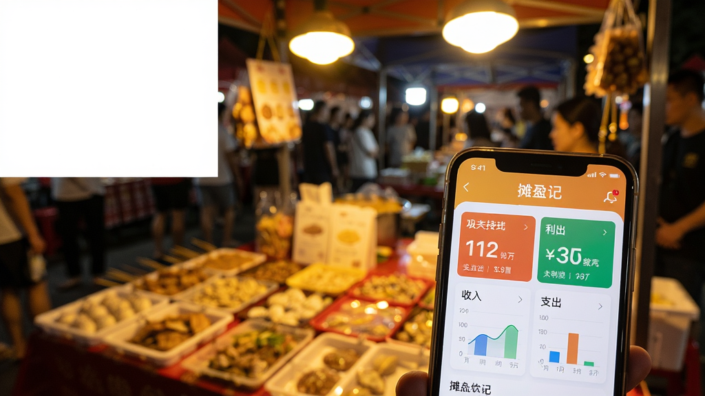 主体是一个热闹的夜市摊位场景,画面中央放置一部智能手机,手机屏幕上清晰显示“摊盈记”软件界面,界面中有收入、支出、利润等数据图表。布局采用前景手机特写与背景摊位虚化相结合,排版上手机位于画面右下角,左上角留白。风格为写实生活摄影风格,细节上摊位上摆放着各类小商品,暖黄色灯光照亮手机屏幕。画质高清,画面干净,无多余元素。