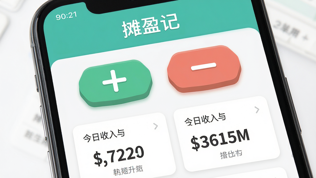 主体是一部手机屏幕特写,屏幕上展示“摊盈记”软件的快速记账界面,有醒目的加号和减号按钮,下方是今日收入与支出的数字卡片。布局采用居中构图,排版上界面元素整齐排列。风格为扁平化UI设计展示风格,细节上按钮带有轻微立体感,数字清晰醒目。画质高清,画面干净,无多余元素。