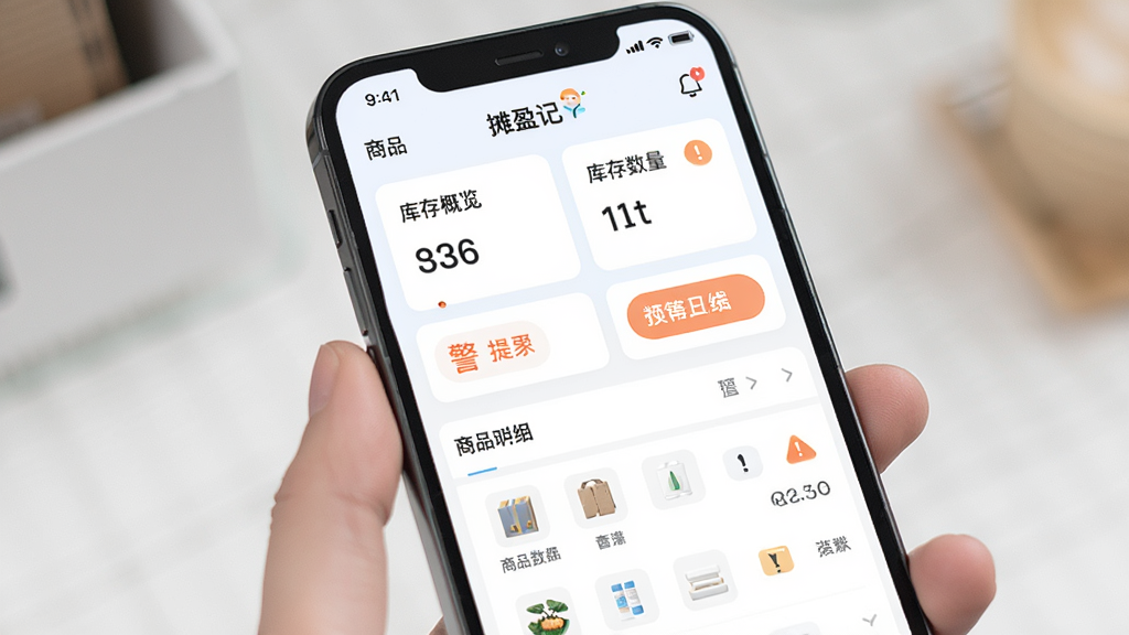 主体是手机屏幕展示“摊盈记”库存管理界面,画面中有商品列表、库存数量、预警提示等元素。布局采用上下结构,上方为库存概览卡片,下方为商品明细列表。风格为清新简约的移动应用界面风格,细节上预警图标为橙色感叹号,商品图片为小图标。画质高清,画面干净,无多余元素。