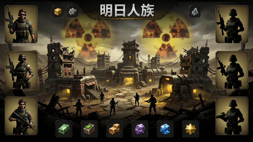 主体是明日人族游戏主界面场景,布局采用中心构图,画面中央为废土风格基地全景,周围环绕角色立绘与资源图标,排版简洁清晰,风格为写实废土科幻风,细节包含破损建筑、辐射云层、持枪角色剪影与泛黄光源,画质高清,干净,无多余元素