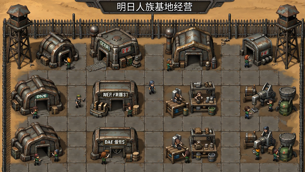 主体是明日人族基地经营界面,布局采用俯视视角,画面中排列着不同功能的建筑模块与生产队列,排版整齐有序,风格为废土工业风,细节包含金属围栏、望塔、仓库标识与忙碌的角色小人,画质清晰,干净,无多余元素