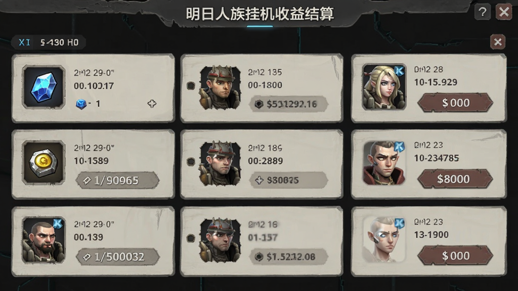 主体是明日人族挂机收益结算界面,布局采用卡片式列表,画面中展示资源图标与角色头像,排版清晰易读,风格为简洁科技废土风,细节包含时间戳、收益数字与领取按钮,画质清晰,干净,无多余元素