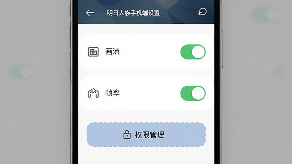 主体是明日人族手机端设置界面,布局采用纵向列表,画面中展示画质选项、帧率开关与权限管理按钮,排版简洁明了,风格为现代移动端UI风格,细节包含开关状态、文字标签与图标,画质清晰,干净,无多余元素