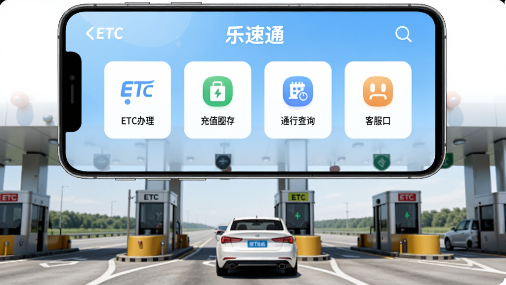 �����Ϸ����ֻ���Ļ����չʾ����Ļ�ڳ��֡�����ͨ��APP��ҳ���֣�����ETC��������ֵȦ�桢ͨ�в�ѯ���ͷ���ڵ�ģ��ͼ�꣬����Ϊǳ��ɫ���䣬�ֻ��·��Ǹ��ٹ�·�շ�վ������һ����ɫ�γ�����ͨ��ETCר�ó��������������ִ����Ƽ���������н�ϣ����������ɾ����޶���Ԫ�أ��ʺ���Ϊ��������վͷͼ