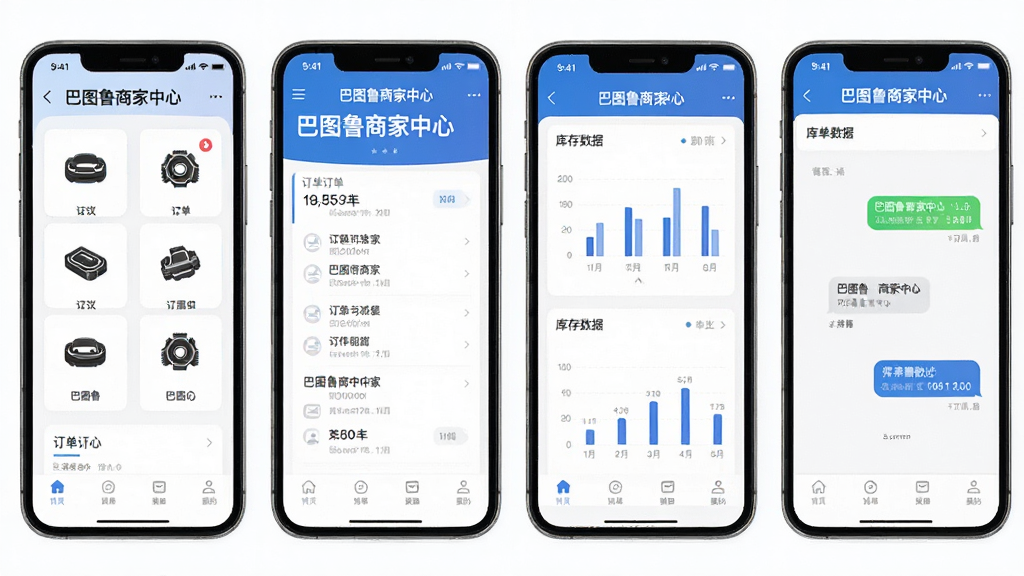 主体是巴图鲁商家中心手机应用界面,布局为多屏并排展示,排版清晰有序,风格为现代简约商务科技风,细节包括汽车配件图标、订单列表卡片、库存数据图表、聊天气泡等元素,画面中带有“巴图鲁商家中心”文字标识,画质高清,干净,无多余元素