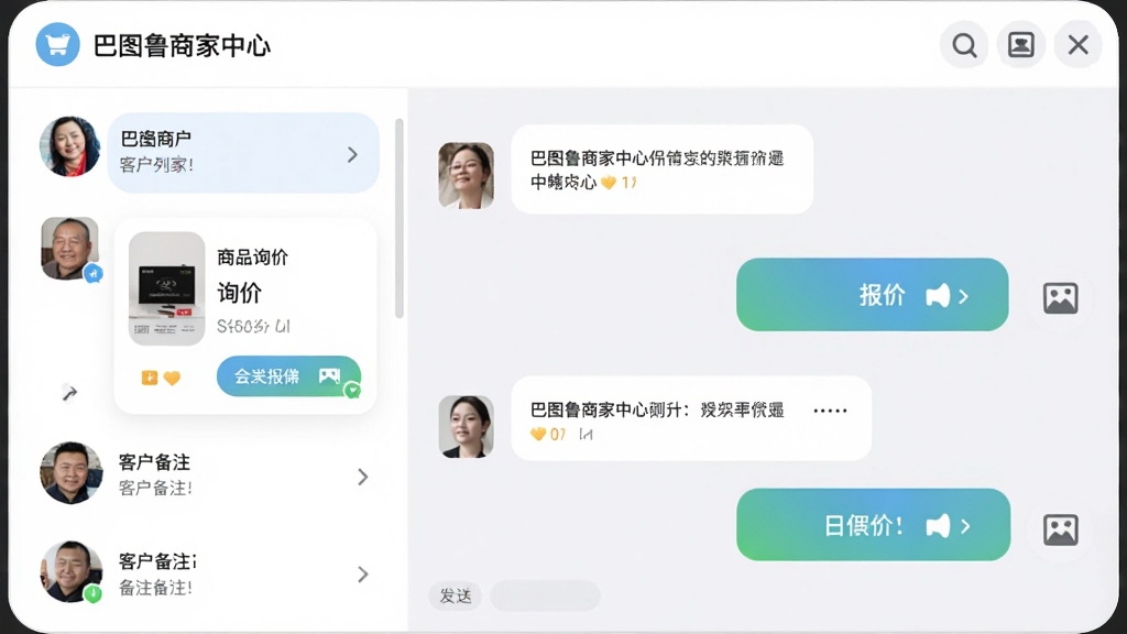 主体是巴图鲁商家中心聊天沟通界面,布局为左侧客户列表右侧聊天窗口,排版清晰对话气泡分明,风格为柔和圆角现代风,细节包括询价商品卡片、报价按钮、图片发送图标、客户备注标签,画面中带有“巴图鲁商家中心”文字,画质高清,干净,无多余元素