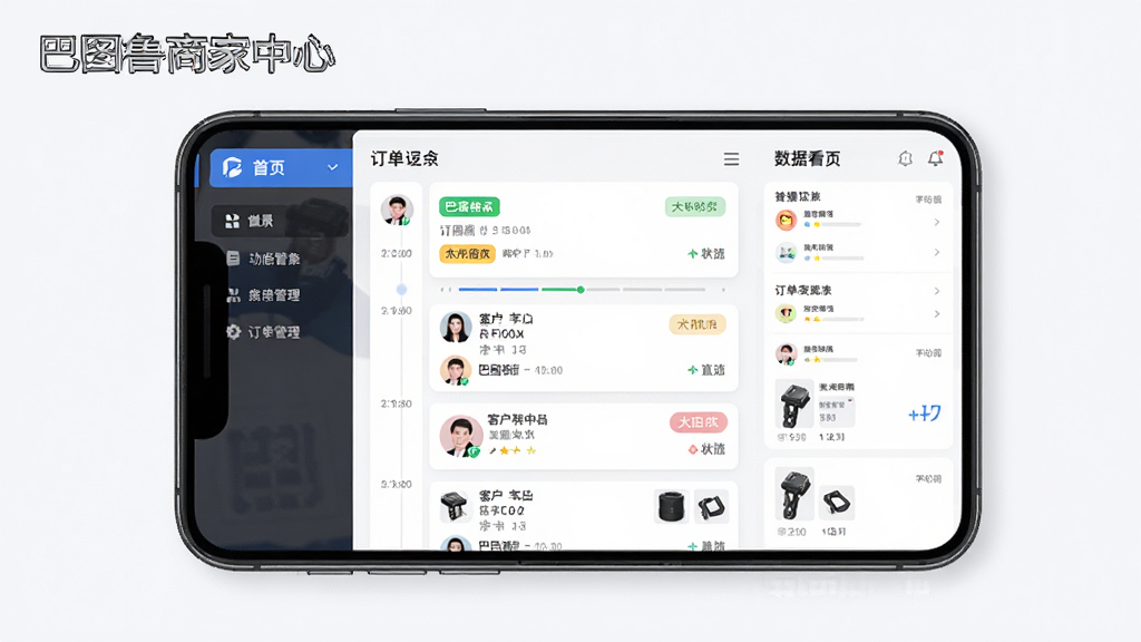 主体是手机屏幕显示巴图鲁商家中心订单管理界面,布局为中心突出订单卡片列表,排版左侧为功能菜单右侧为数据看板,风格为扁平化商务风,细节包括不同状态的订单标签、时间轴进度条、客户头像与配件缩略图,画面中带有“巴图鲁商家中心”文字,画质高清,干净,无多余元素