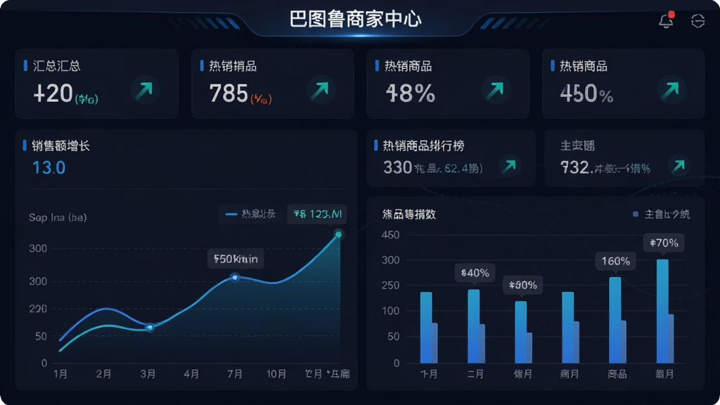 主体是巴图鲁商家中心数据报表界面,布局为上方汇总数字卡片下方折线图与柱状图组合,排版错落有致,风格为科技感深色数据大屏风,细节包括销售额增长曲线、热销商品排行榜、百分比数据标签、趋势箭头图标,画面中带有“巴图鲁商家中心”文字,画质高清,干净,无多余元素