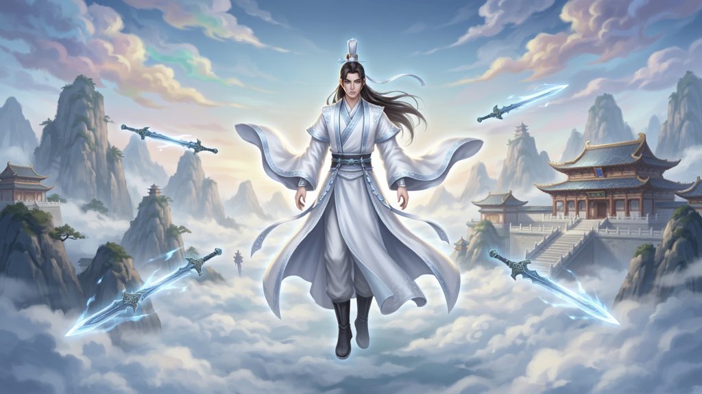 万剑修仙传游戏主界面截图,主体为一名身着飘逸白衣的修仙者悬浮于云海之上,背景是连绵的仙山与宏伟的宗门建筑,布局采用中心对称构图,排版将角色置于画面正中,风格为东方唯美仙侠风,细节包含衣袂飘飘的光影效果、远处若隐若现的飞剑流光、天空中的七彩祥云,画质高清,干净,无多余元素