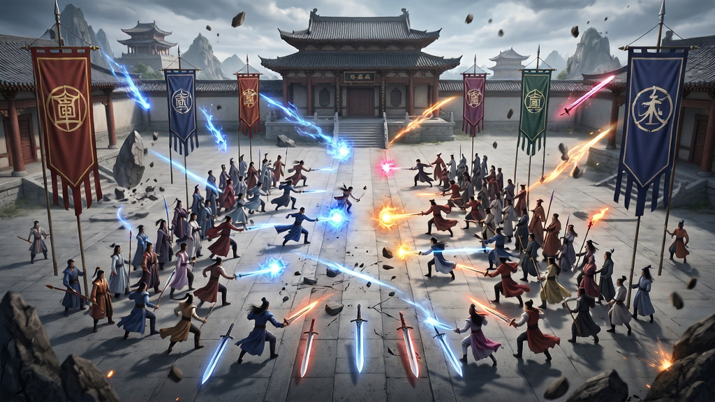 万剑修仙传宗门争霸战场景,主体为两大阵营的修仙者在宏伟的宗门广场上对峙,布局为广角俯视视角展现战场全貌,排版将双方宗门旗帜置于画面两侧,风格为史诗级仙侠战争场面,细节包含漫天飞舞的法术特效、御剑冲锋的弟子、被击碎的山石与剑气痕迹,画质高清,干净,无多余元素