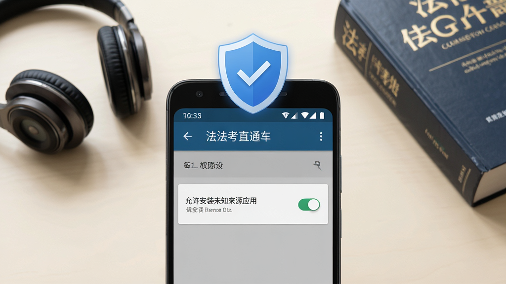 一张展示法考直通车在安卓手机上安装与权限设置界面的图片,画面中央是一部安卓手机,屏幕上显示“允许安装未知来源应用”的设置开关界面,手机上方悬浮一个盾牌图标代表安全提示,背景为简洁的浅色桌面,旁边放置一副耳机和一本法律教材,整体风格实用清晰,画面干净,高清画质