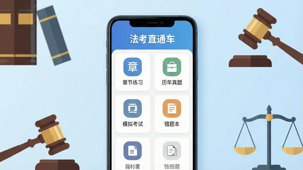 一张展示法考直通车手机应用主界面的图片,画面中央是一部竖屏安卓手机,手机屏幕上显示法考直通车APP首页,顶部有“法考直通车”文字标识,页面包含章节练习、历年真题、模拟考试、错题本等功能入口图标,图标排列整齐,手机背景为淡蓝色渐变,周围点缀法律书籍、法槌、天平元素,整体风格清新简约,扁平化设计,画面干净无多余元素,高清画质
