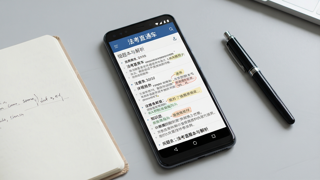 一张展示法考直通车错题本与解析页面的图片,画面中央是一部安卓手机,屏幕上显示错题列表与详细解析内容,页面顶部有“法考直通车”文字标识,解析区域包含法条引用与知识点标注,手机旁放置一本翻开的笔记本和一支笔,背景为浅灰色桌面,整体风格安静专注,细节清晰,画质干净
