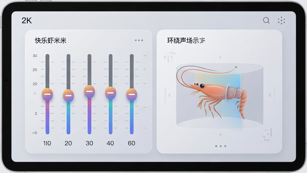 快乐虾米软件内部音效设置界面的UI设计图,主体为平板电脑屏幕特写,布局分为左右两栏,左侧展示均衡器调节滑块,右侧展示环绕声场示意图,排版整齐有序,风格为扁平化与微质感结合,细节上滑块带有细腻的渐变光泽,背景为浅灰色磨砂质感,画质为2K高清,干净整洁。