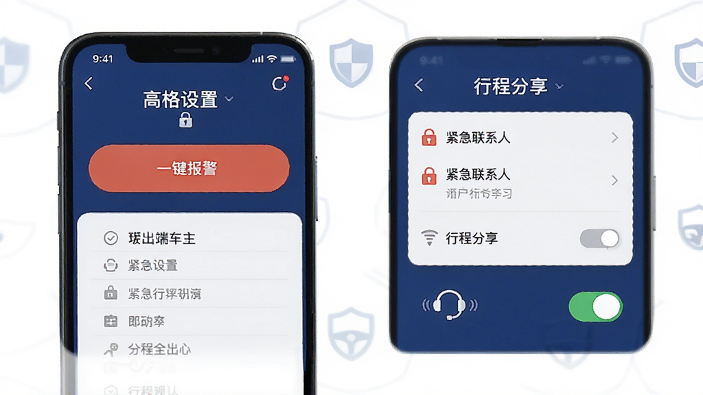 高格出行车主端安全中心功能展示图,画面为手机屏幕显示安全设置界面,包含一键报警按钮、紧急联系人列表与行程分享开关,背景为深蓝色安全主题色调,风格稳重可靠,细节包括盾牌图标、加密锁标识、客服耳机符号,画质高清,干净,无多余元素