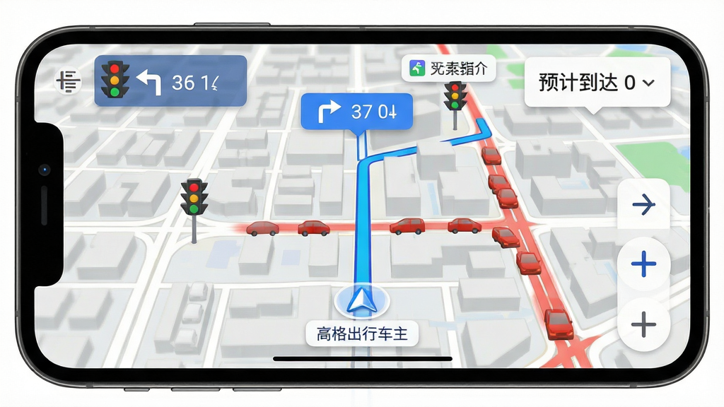 高格出行车主端导航界面展示图,画面为手机横屏显示地图路线,蓝色导航路径贯穿城市街区,沿途标注转向箭头与距离提示,背景为浅灰色地图底图,风格写实清晰,细节包括红绿灯图标、拥堵路段红色标记、预计到达时间浮窗,画质高清,干净,无多余元素