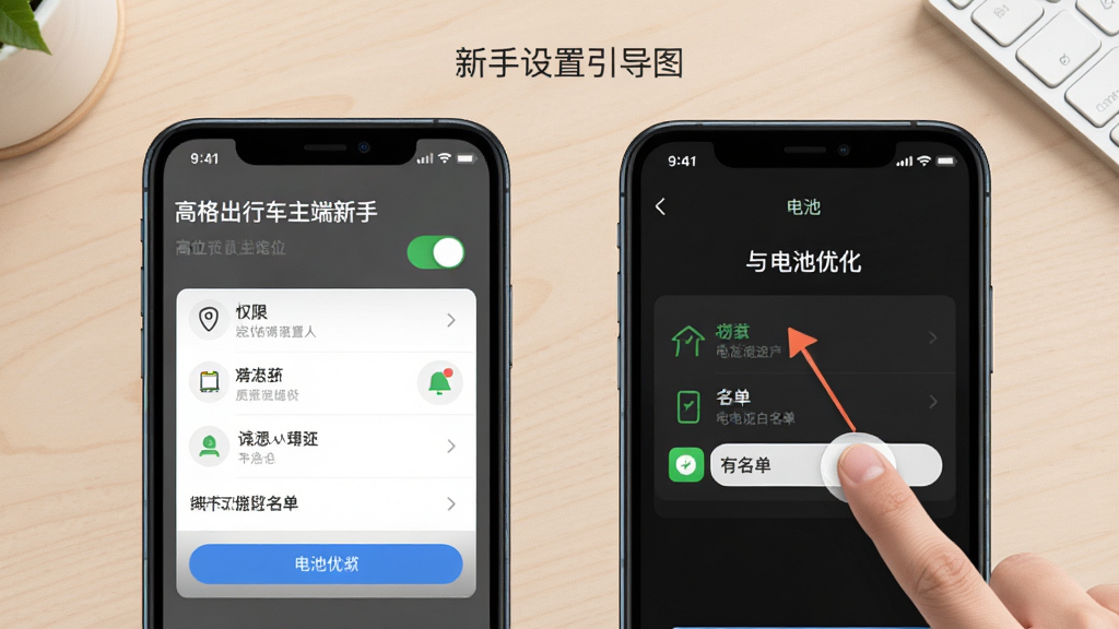高格出行车主端新手设置引导图,画面为手机屏幕显示权限设置与电池优化界面,屏幕旁有手指点击提示,背景为浅色桌面环境,风格教程化清晰,细节包括定位开关、通知图标、电池白名单选项,画质高清,干净,无多余元素