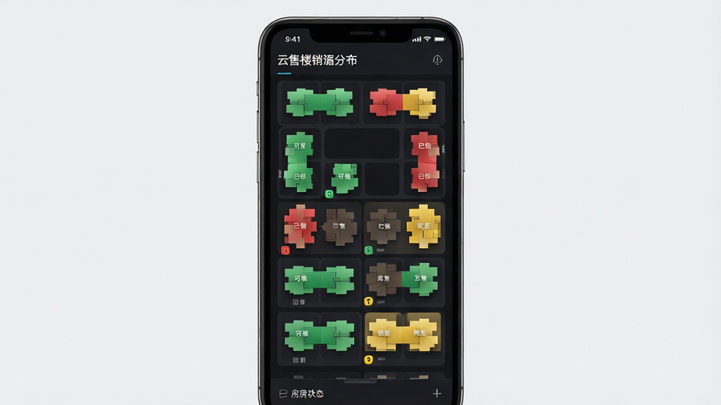 云售楼房源销控功能界面图,主体为一部竖屏手机,屏幕内展示楼盘楼栋分布图与房源状态色块,绿色代表可售,红色代表已售,黄色代表锁定,布局为楼栋网格排列,风格为扁平化数据可视化风,细节上色块带有轻微的渐变与阴影,背景为深色模式,画质高清,干净,无多余元素