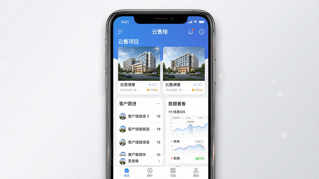 云售楼软件主界面展示图,主体为一台居中摆放的智能手机,手机屏幕内显示云售楼应用首页,布局包含楼盘项目卡片、客户跟进列表与数据看板三大模块,排版采用上下结构清晰分层,风格为现代简约商务风,细节上手机边缘带有轻微阴影与反光质感,背景为干净的浅灰色渐变,画质高清,干净,无多余元素