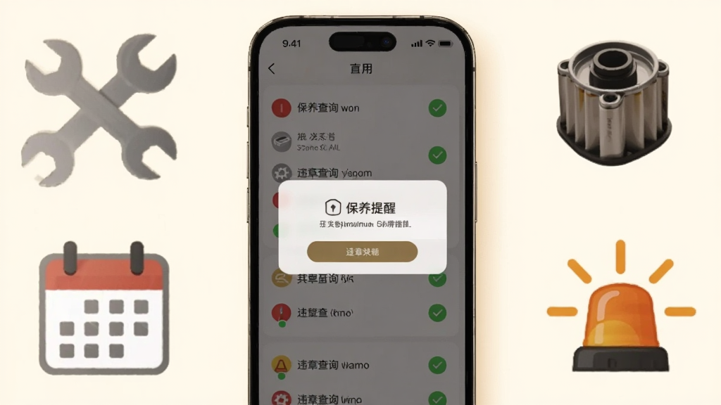 画面中心为手机屏幕,显示保养提醒弹窗和违章查询结果列表,列表中有红色和绿色状态标记。手机周围环绕扳手、机油滤芯、日历和警示灯图标。背景为柔和米白色,整体风格温馨实用,画质清晰,干净无多余元素。