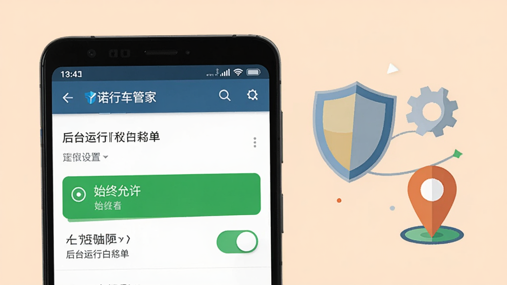 画面展示一部安卓手机,屏幕显示以诺行车管家的权限设置页面,页面中定位权限被高亮为绿色“始终允许”,后台运行白名单开关为开启状态。手机旁边有盾牌、齿轮和定位图标的扁平化插画。背景为浅橙色,整体风格清晰易懂,画质高清,干净无多余元素。