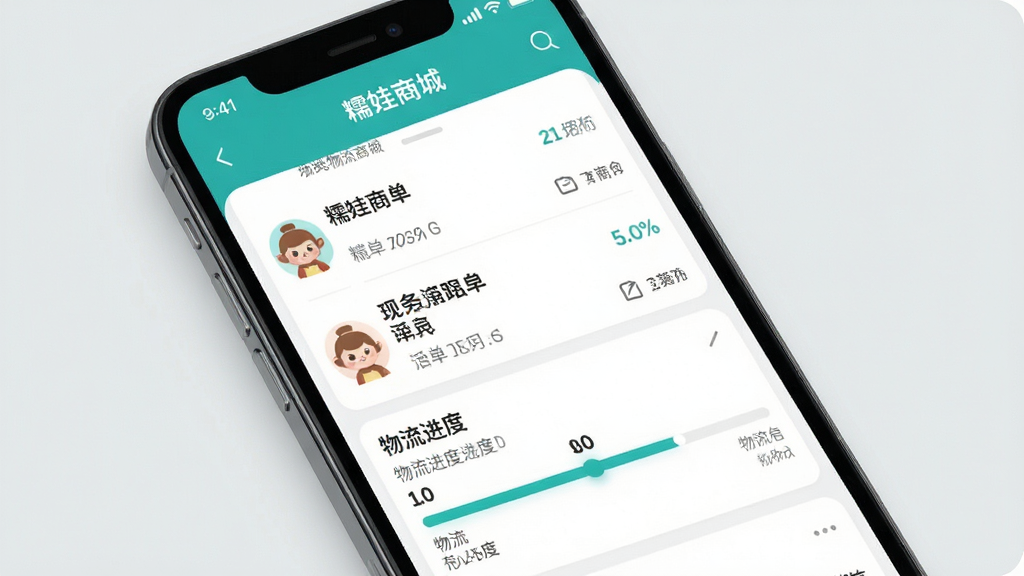 一张展示糯娃商城订单物流跟踪界面的预览图,画面主体是手机屏幕,屏幕内显示订单列表和物流进度条,背景为浅灰色,风格简约商务,细节清晰,画质干净,无多余元素,图中带有“糯娃商城”文字