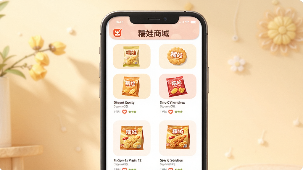 一张展示糯娃商城零食分类页面的预览图,画面主体是手机屏幕,屏幕内显示多个零食分类图标和商品缩略图,背景为柔和暖色调,风格清新,细节丰富,画质清晰,无多余元素,图中带有“糯娃商城”文字