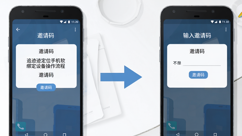 一张展示追迹定位手机软件绑定设备操作流程的AI生图,画面为两部安卓手机并排摆放,左侧手机显示邀请码界面,右侧手机显示输入邀请码界面,中间有箭头连接,背景为简洁白色桌面,风格为扁平化插画,高清画质,干净无多余元素