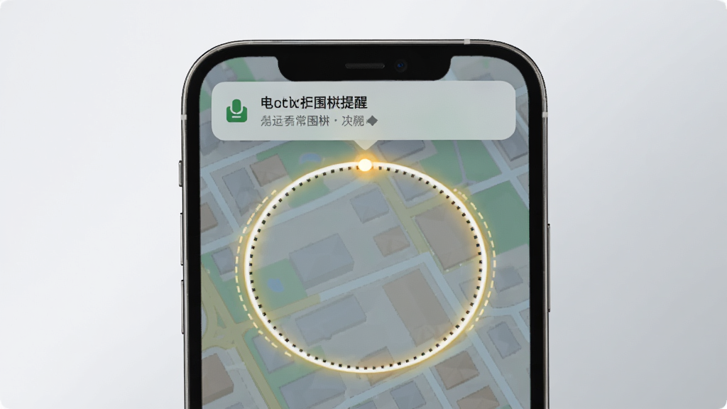 一张展示电子围栏提醒功能的AI生图,画面为手机屏幕特写,地图上有一个用虚线圆圈标出的安全区域,区域边缘有高亮提醒光效,屏幕上方弹出通知横幅,背景为柔和浅灰渐变,风格简洁清晰,高清画质,干净无多余元素