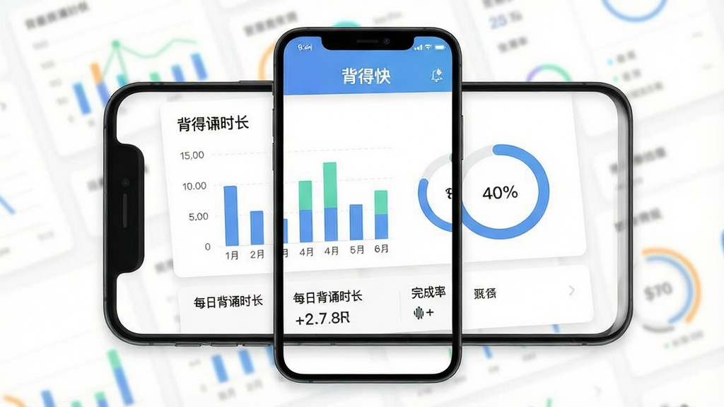 一张展示背得快软件数据统计面板的图片,画面中央为手机屏幕,屏幕内显示柱状图和环形进度图,图表下方有每日背诵时长和完成率数据,背景为白色卡片式布局,风格为数据可视化扁平设计,细节包括图表标题中的