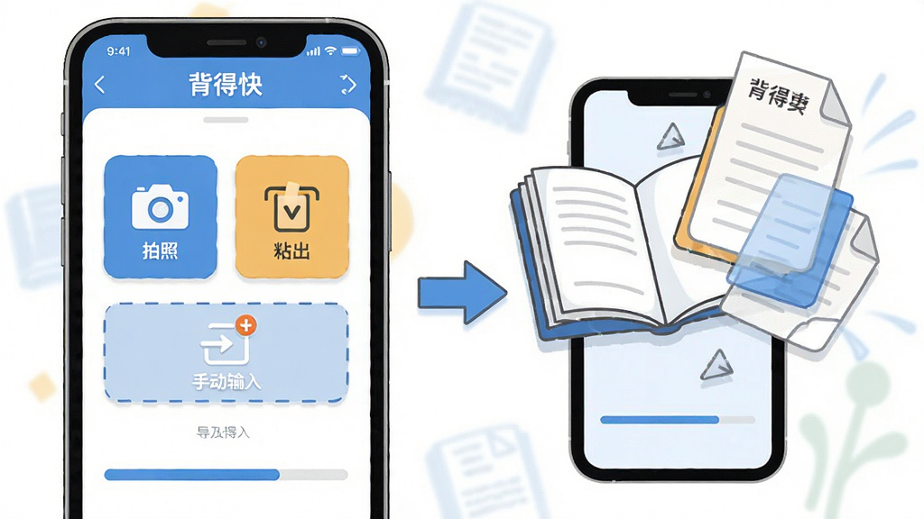 一张展示背得快软件内容导入功能的示意图,画面左侧为手机屏幕显示导入界面,有拍照、粘贴、手动输入三个图标按钮,右侧为书本和文档飞入手机屏幕的示意箭头,整体布局为左右对比构图,风格为现代简约插画,细节包括屏幕上的
