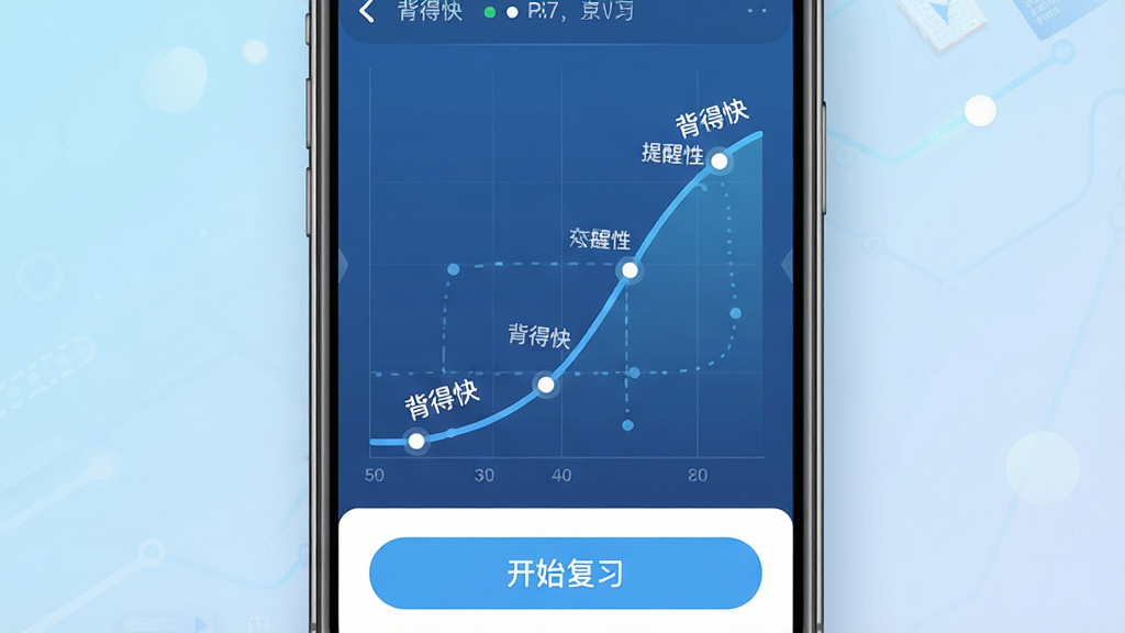 一张展示背得快软件记忆曲线复习功能的界面截图,画面主体为手机屏幕,屏幕内显示一条平滑的遗忘曲线图表,曲线上标注了多个复习提醒节点,下方有