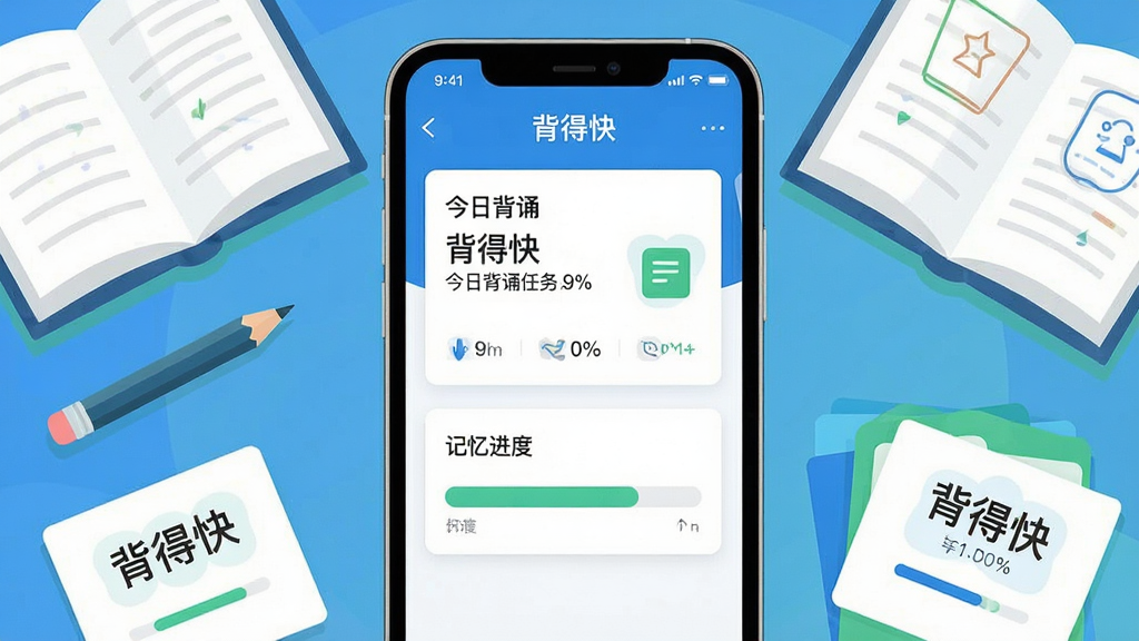 一张展示背得快软件主界面的图片,画面中央是手机屏幕,屏幕内显示背得快APP的首页,包含今日背诵任务卡片和记忆进度条,周围环绕着翻开的书本、铅笔和记忆卡片等学习元素,整体布局为居中构图,风格为清新扁平化插画,色彩以蓝白绿为主,细节包括卡片上的文字