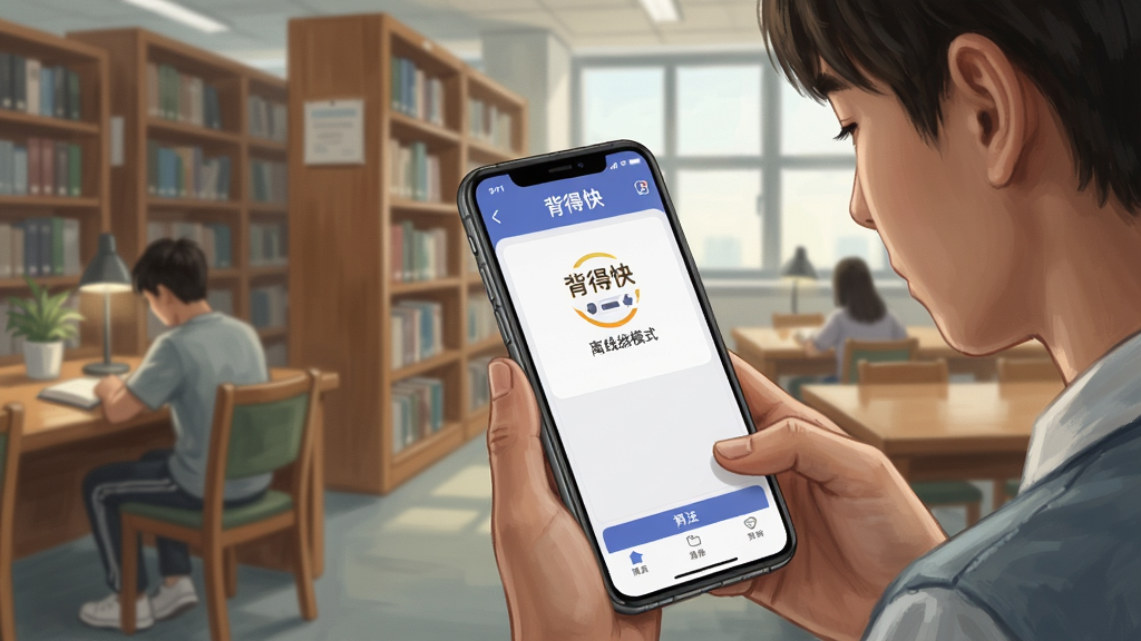 一张展示背得快软件离线模式的场景图,画面为一名学生在图书馆角落使用手机,手机屏幕显示背得快APP的背诵界面,屏幕上方有离线模式标识,周围环境为书架和安静的学习氛围,整体风格为写实插画风,细节突出手机屏幕上的
