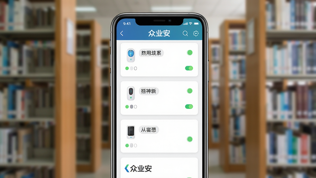 画面主体为众业安APP的设备列表界面,手机屏幕显示多个设备卡片,每个卡片上有设备名称和状态指示灯。背景是模糊的图书馆书架。布局为手机正面特写,屏幕内容清晰。排版卡片式布局,整齐排列。风格为现代扁平化写实。细节包括手机边框的倒角和屏幕上的“众业安”logo。画质高清,干净,无多余元素。