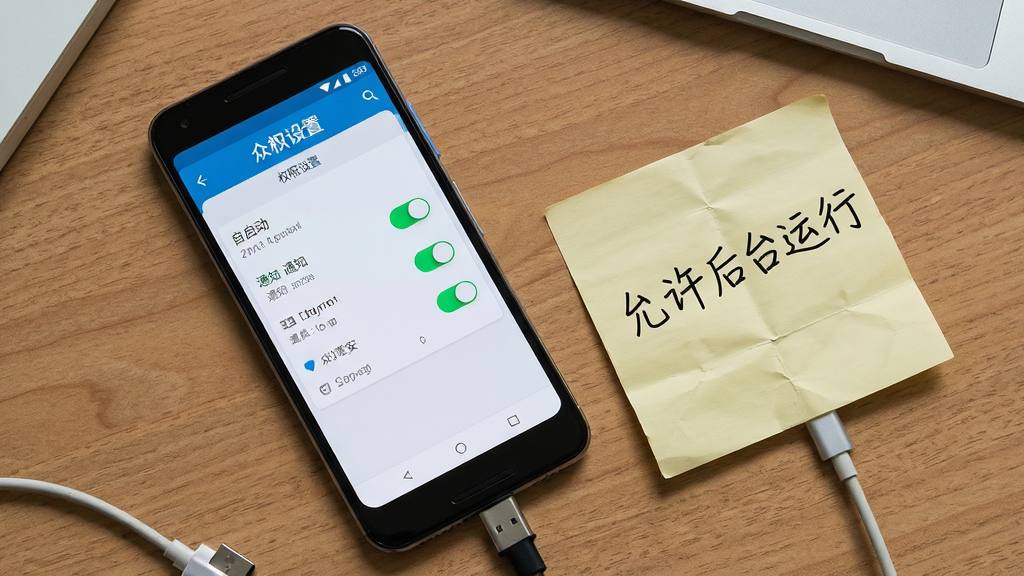 画面主体为一部安卓手机,屏幕上显示众业安APP的权限设置页面,有自启动、通知等开关。手机旁边放着一张手写的便签纸,上面写着“允许后台运行”。背景是木质办公桌。布局为俯拍视角,手机和便签对角放置。排版清晰,开关按钮为绿色高亮。风格为生活化写实。细节包括便签纸的折痕和手机的数据线。画质高清,干净,无多余元素。