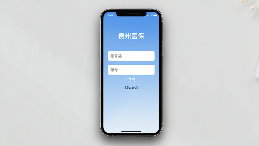 画面主体是一部手机显示“贵州医保”APP的登录页面,页面有账号密码输入框和找回密码链接,背景为柔和的蓝色渐变,布局居中,排版简洁,风格为清新简约风,细节上手机周围有淡淡的阴影,画质高清,画面干净,无多余元素